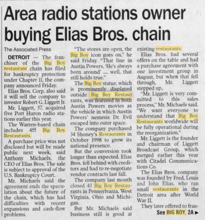 Big Boy Restaurants (Elias Brothers, Elias Bros) - October 21 2000 Article - Changes Hands (newer photo)